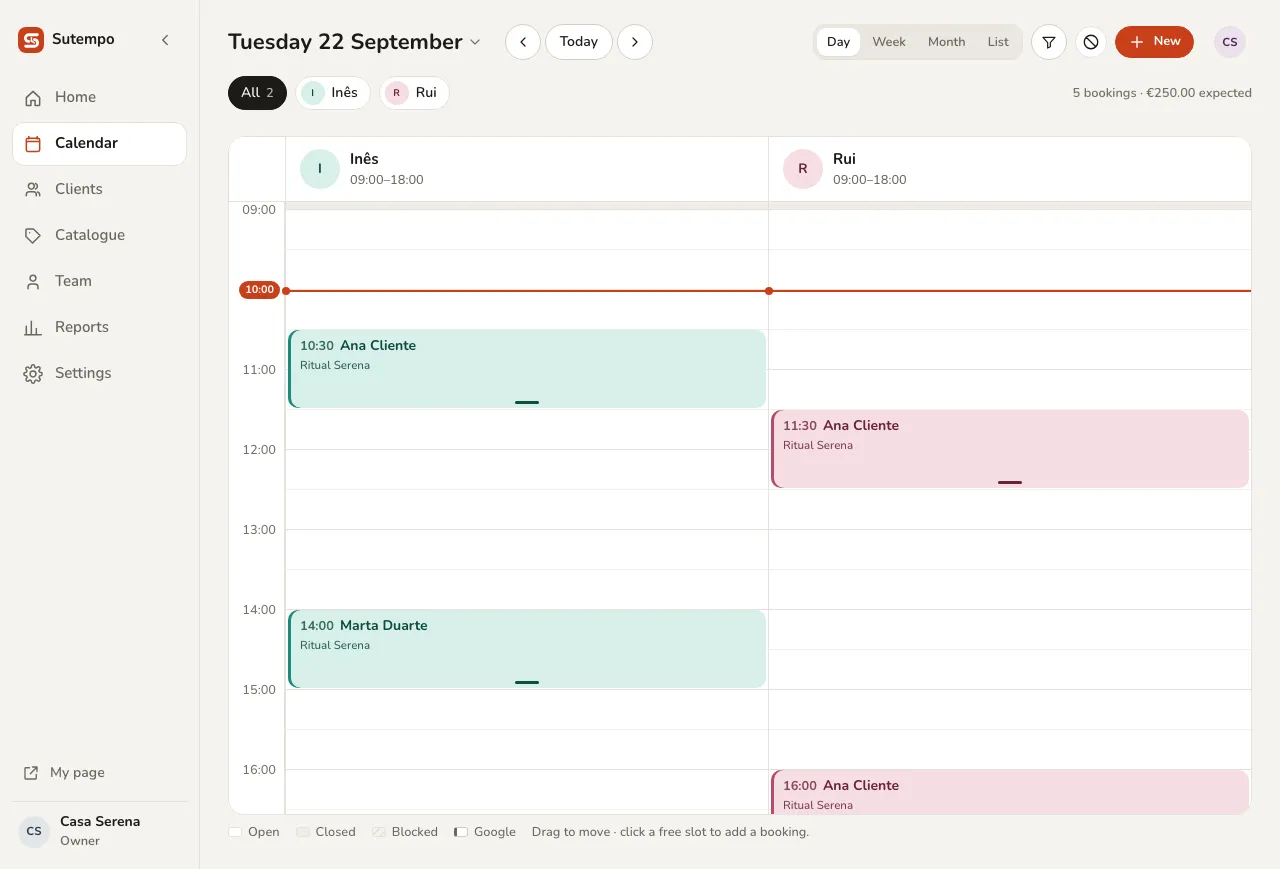 Sutempo calendar: one column per person, today’s appointments.