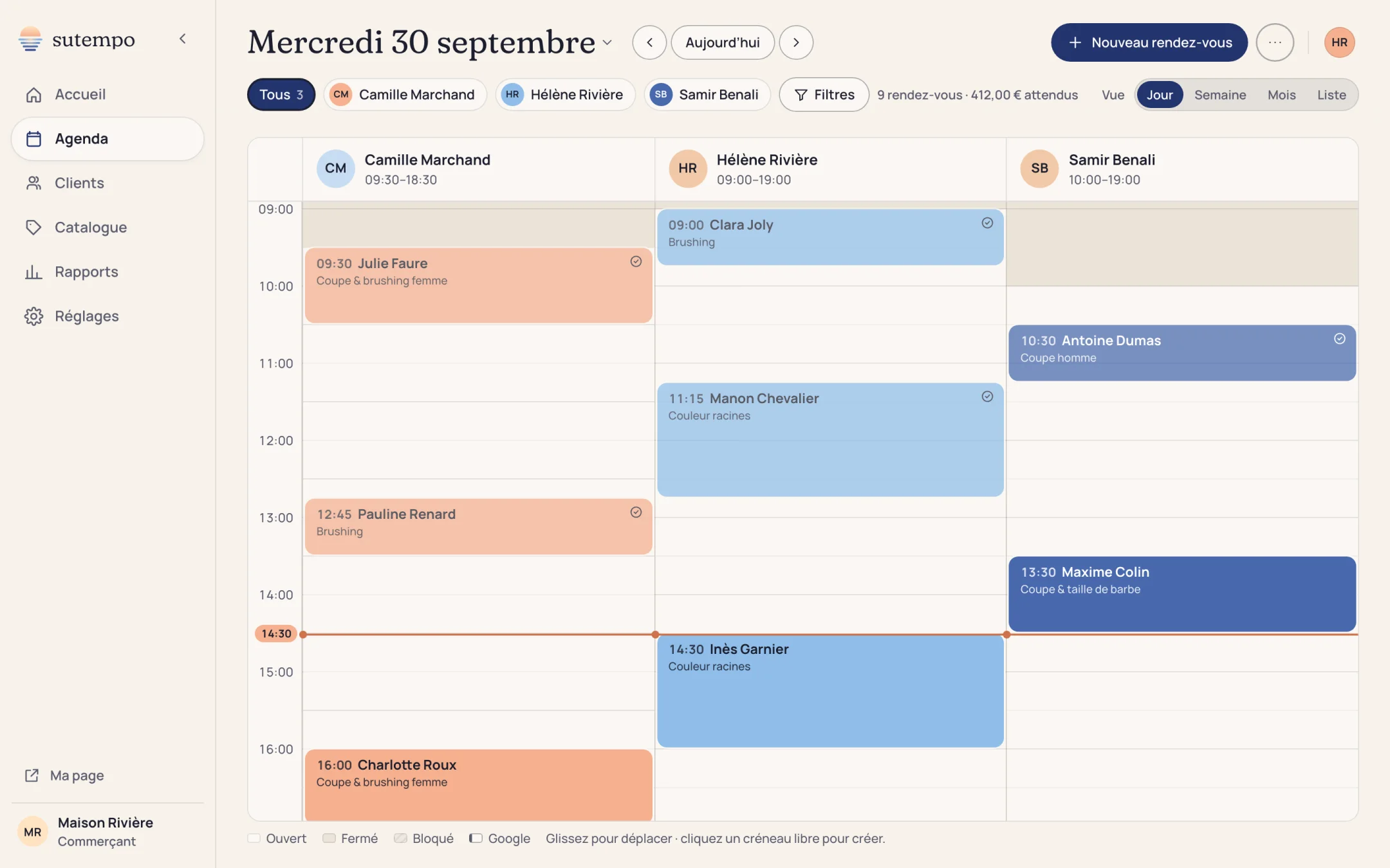 Agenda du jour de Maison Rivière : une colonne par coiffeur, avec ses horaires et ses rendez-vous