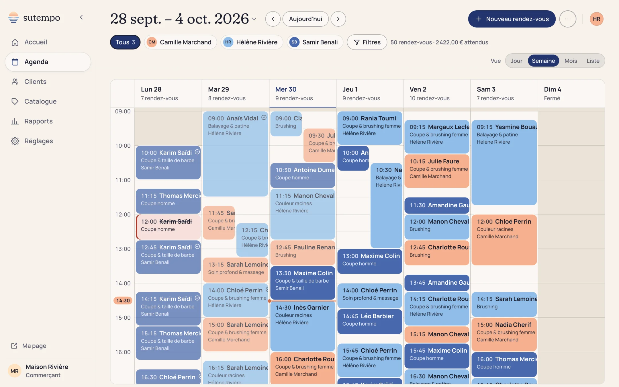 Agenda de la semaine de Maison Rivière : rendez-vous de chaque coiffeur, du lundi au dimanche
