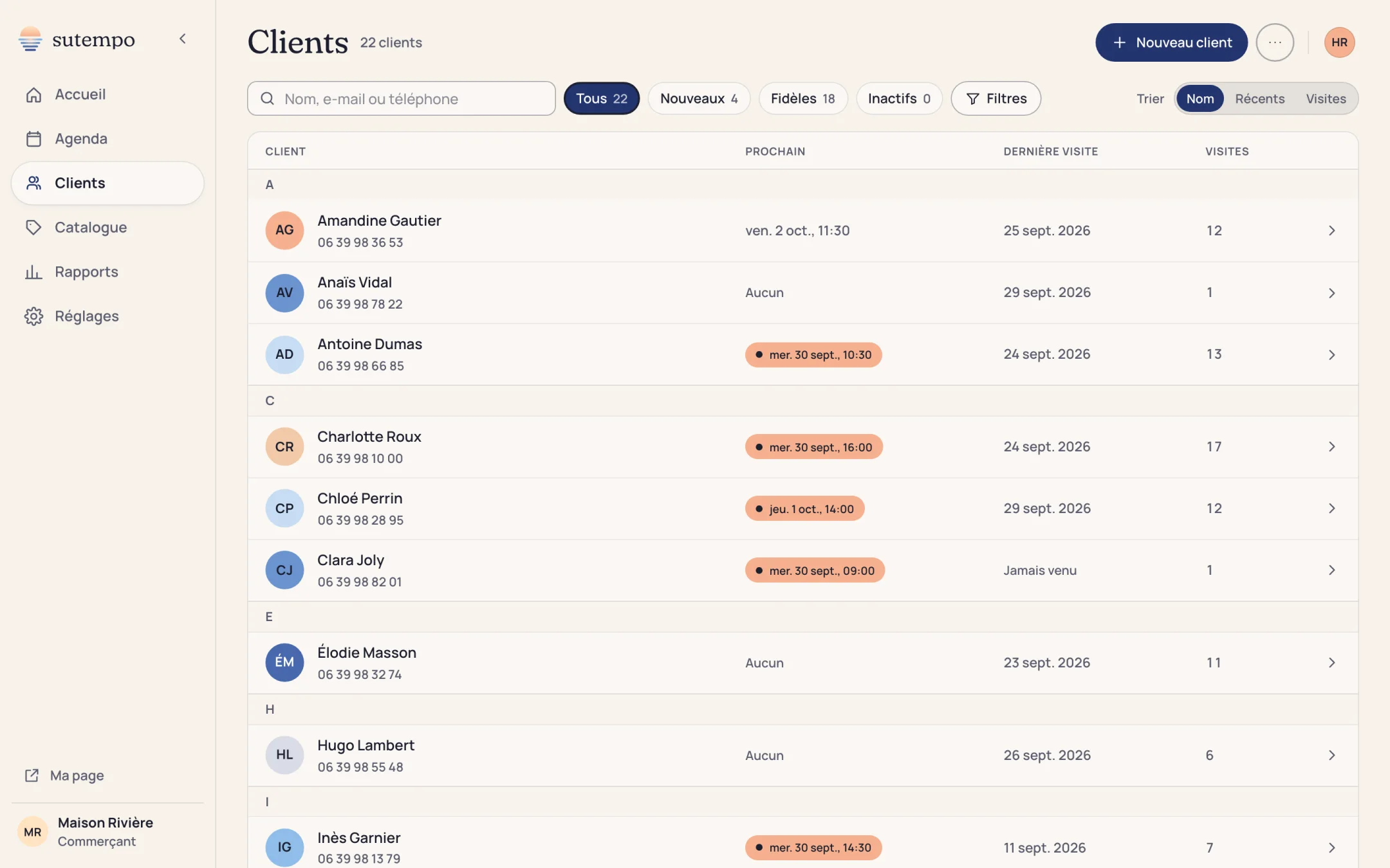 Liste des clients avec prochain rendez-vous, dernière visite et nombre de visites