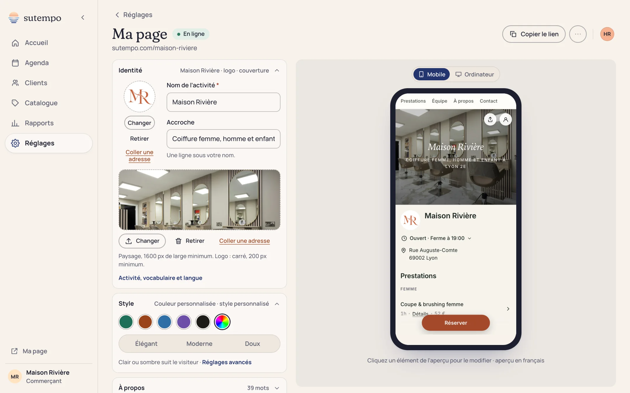 Réglages « Ma page » de Maison Rivière : identité, logo, couverture et style, avec l'aperçu mobile de la page à droite