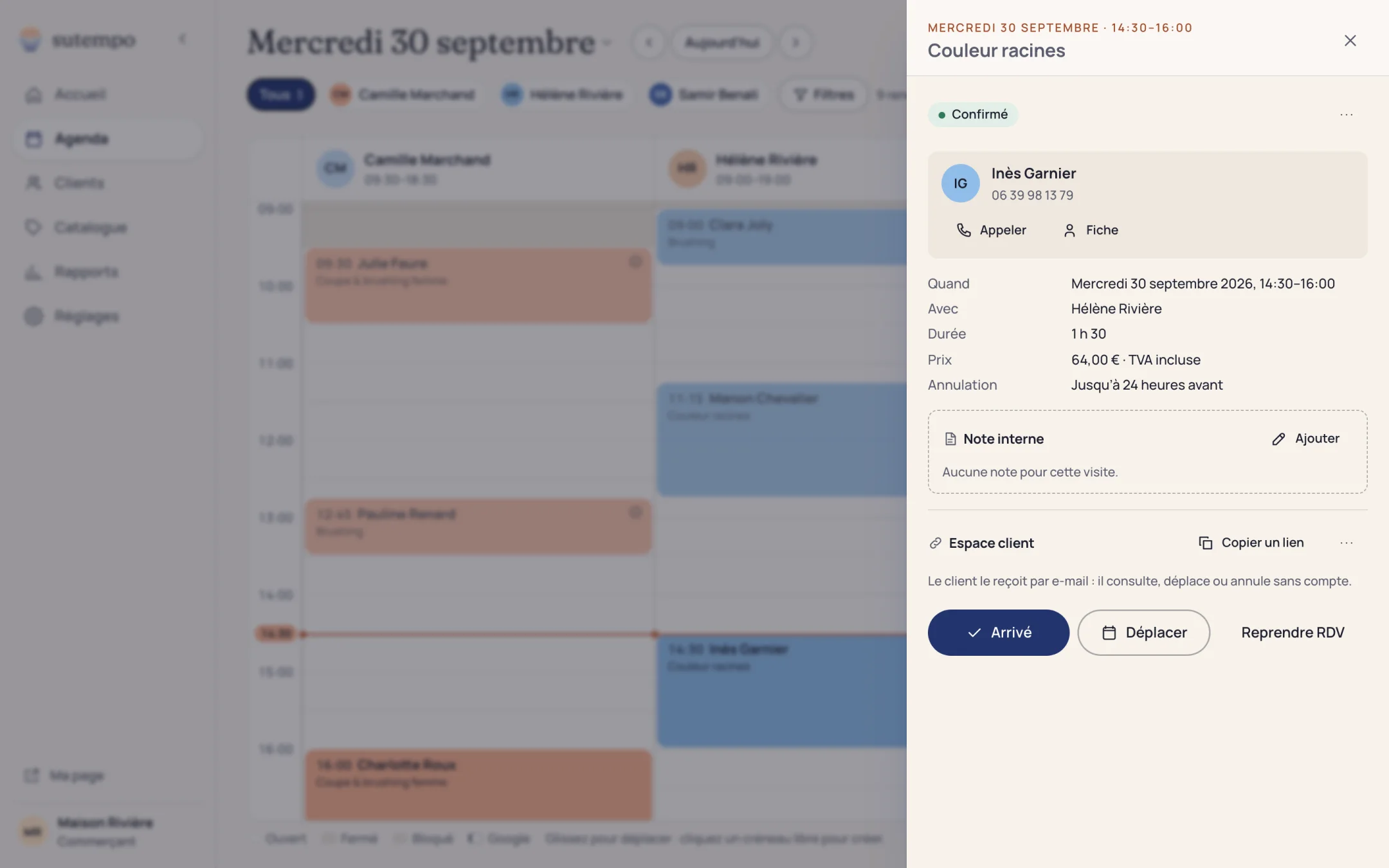 Fiche d'un rendez-vous confirmé : Inès Garnier, couleur racines, mercredi 30 septembre