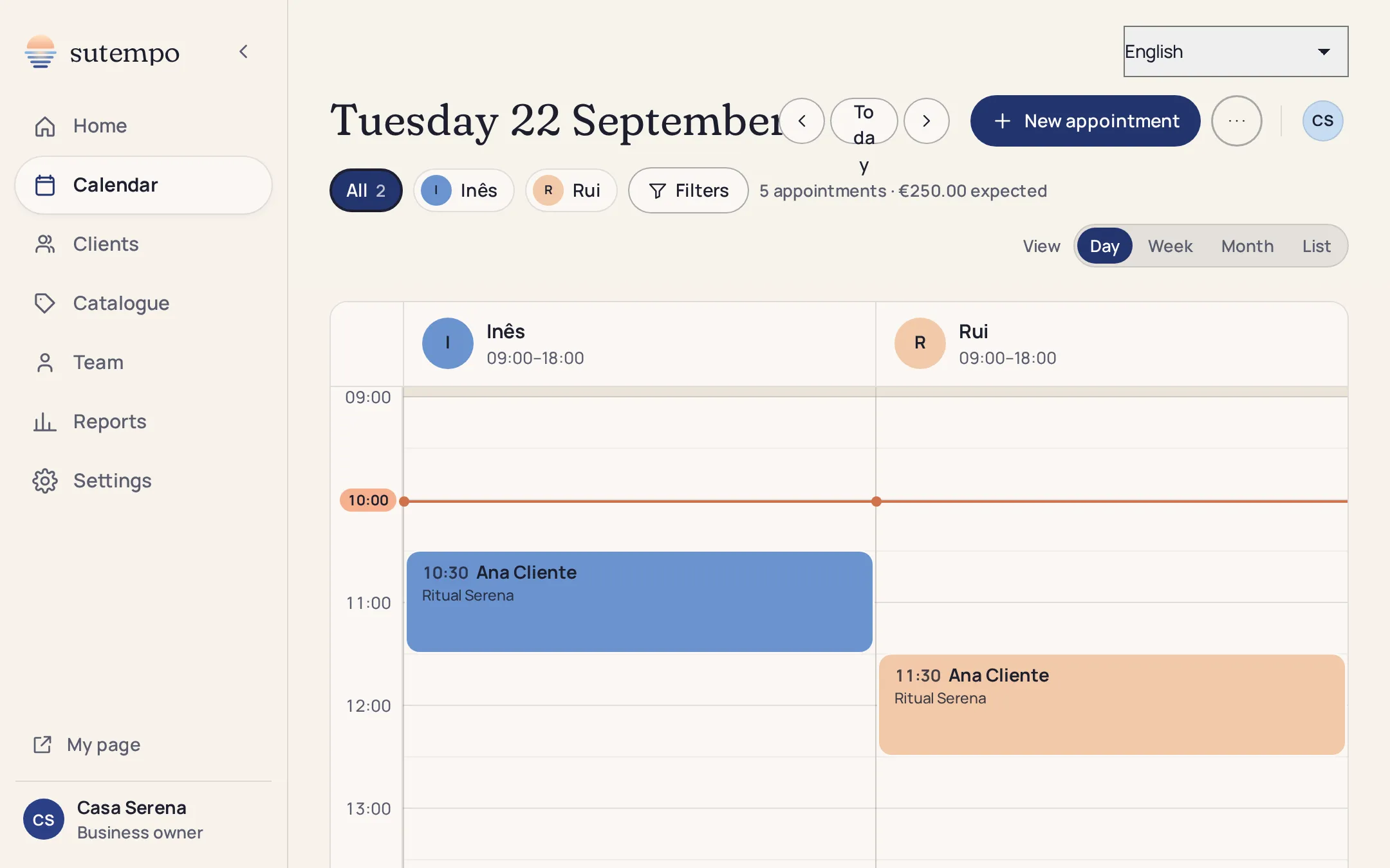 Maison Rivière’s daily calendar: one column per hairdresser, with their hours and appointments