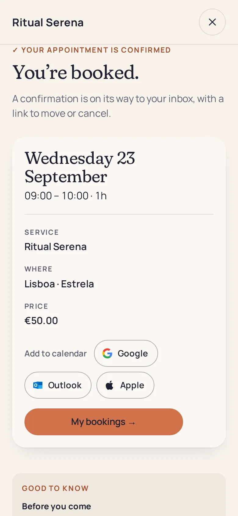 Confirmation: “You’re booked”, Tuesday 6 October, deposit paid
