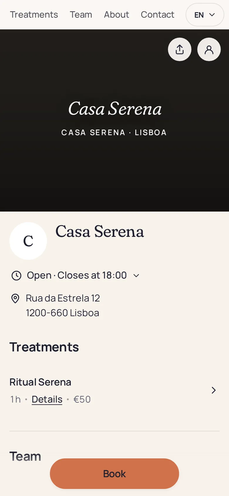 Maison Rivière’s booking page on a phone: services listed with duration and price