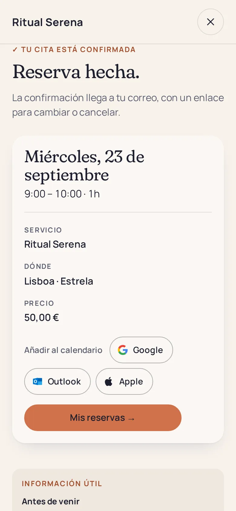Confirmación: «Reserva confirmada», martes 6 de octubre, anticipo pagado