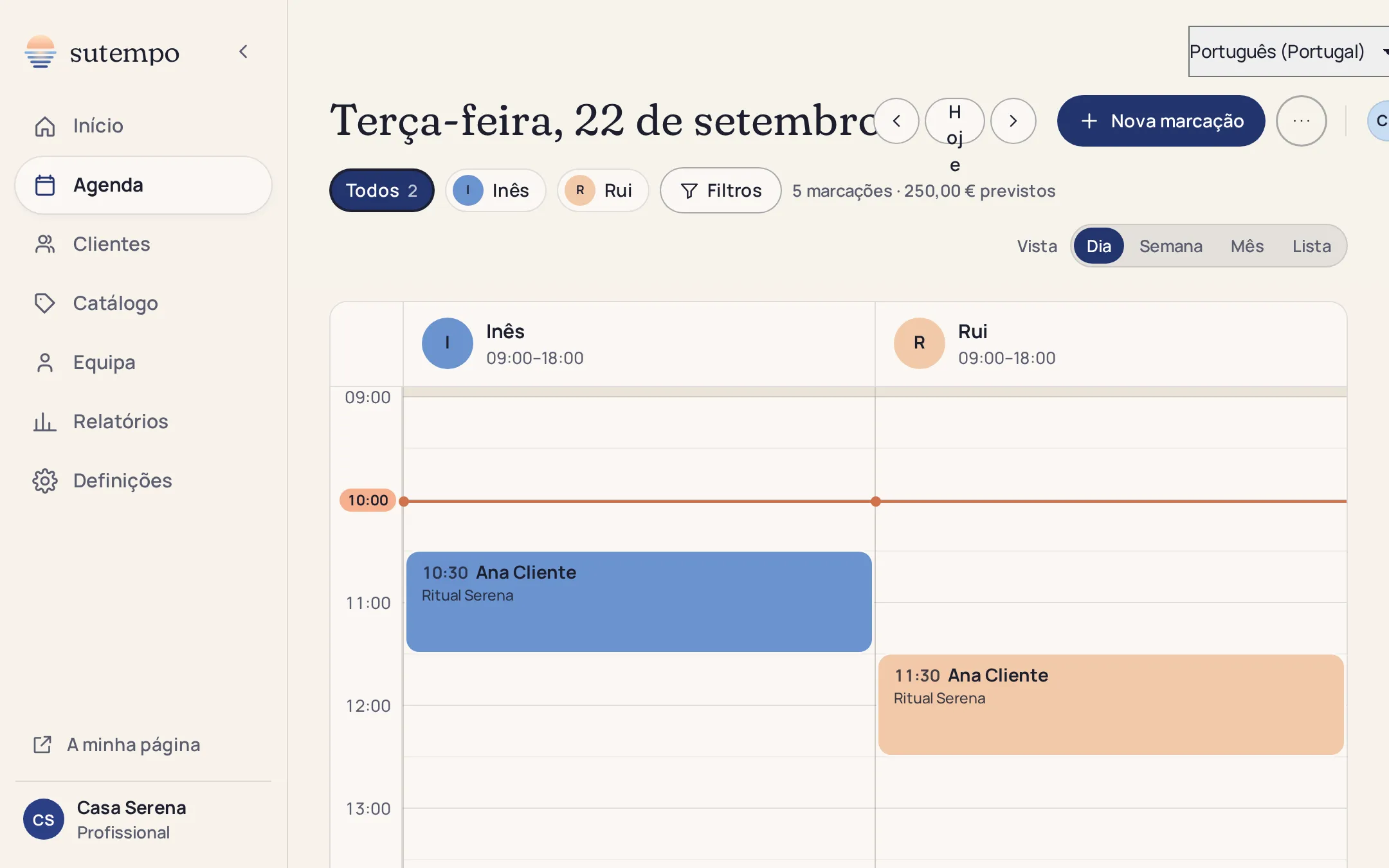 Agenda do dia da Maison Rivière: uma coluna por cabeleireiro, com horários e marcações