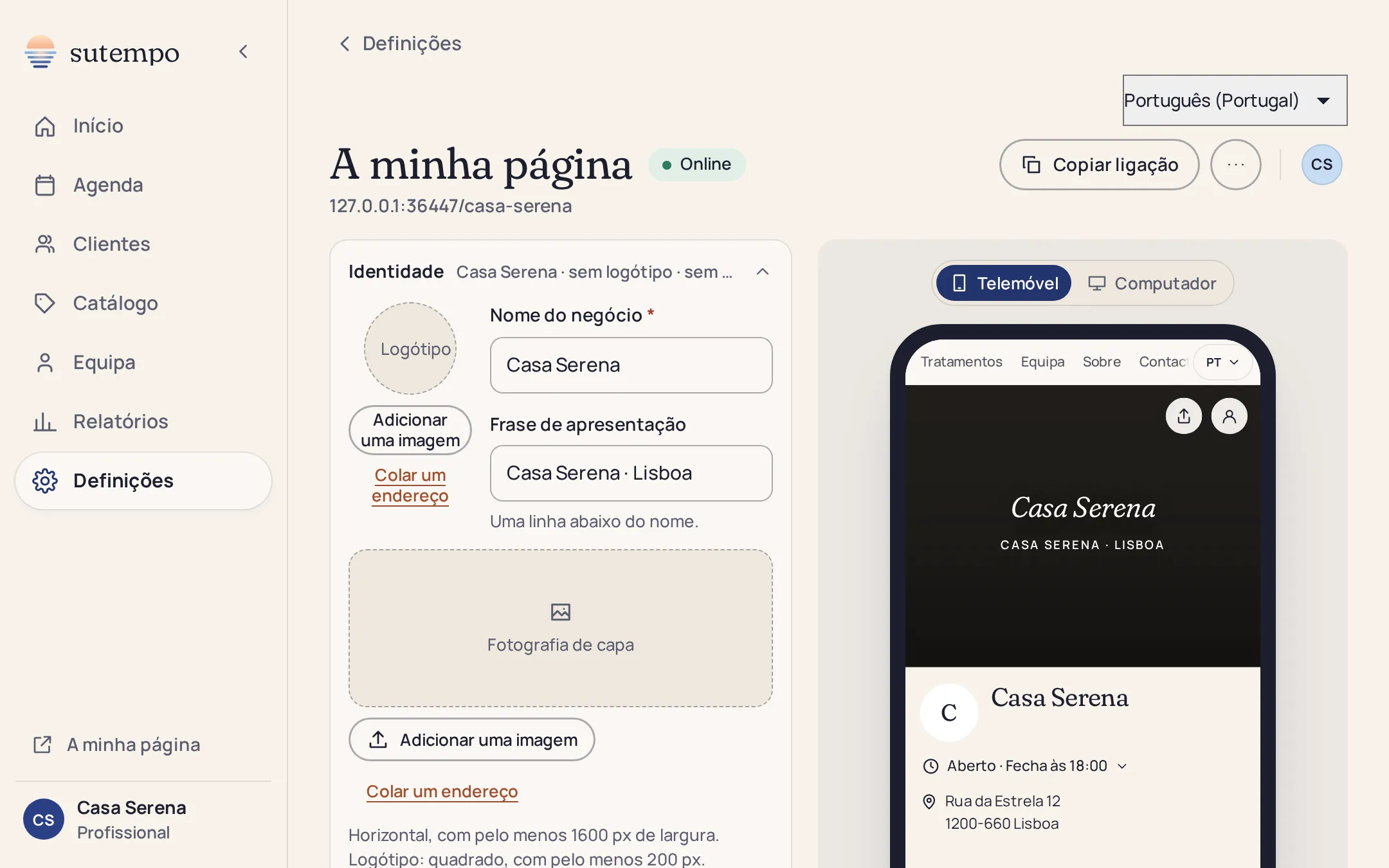 Definições «A minha página» da Maison Rivière: identidade, logótipo, capa e estilo, com a pré-visualização móvel à direita