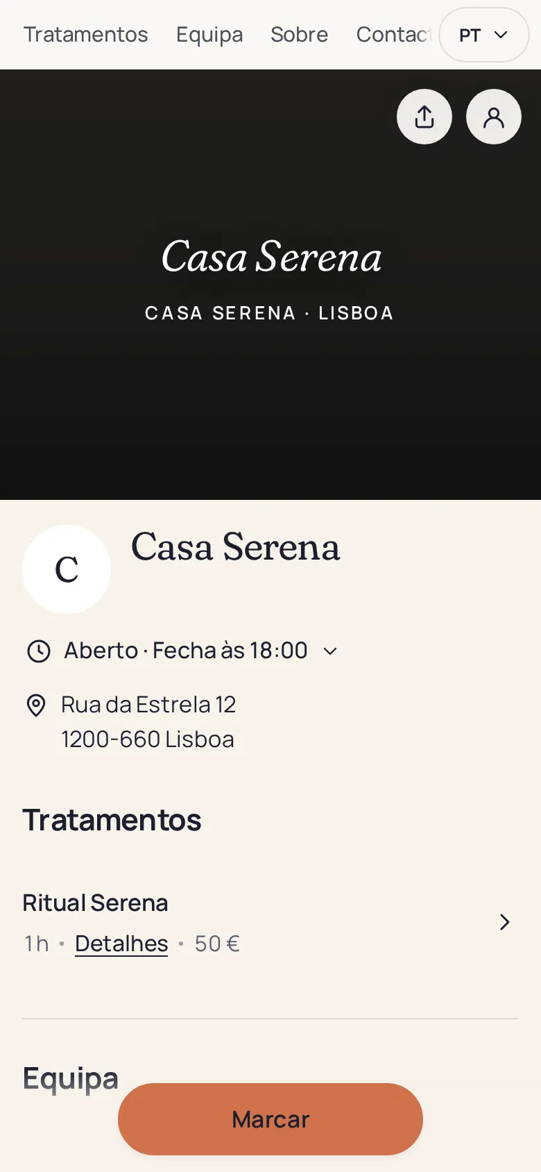 Página de reservas da Maison Rivière no telemóvel: fotografia do salão, logótipo, horários, morada e serviços