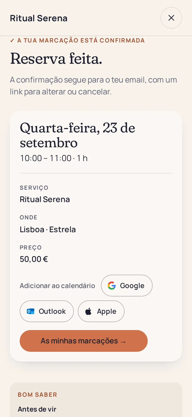 Confirmação: «Está reservado», terça-feira, 6 de outubro, sinal pago