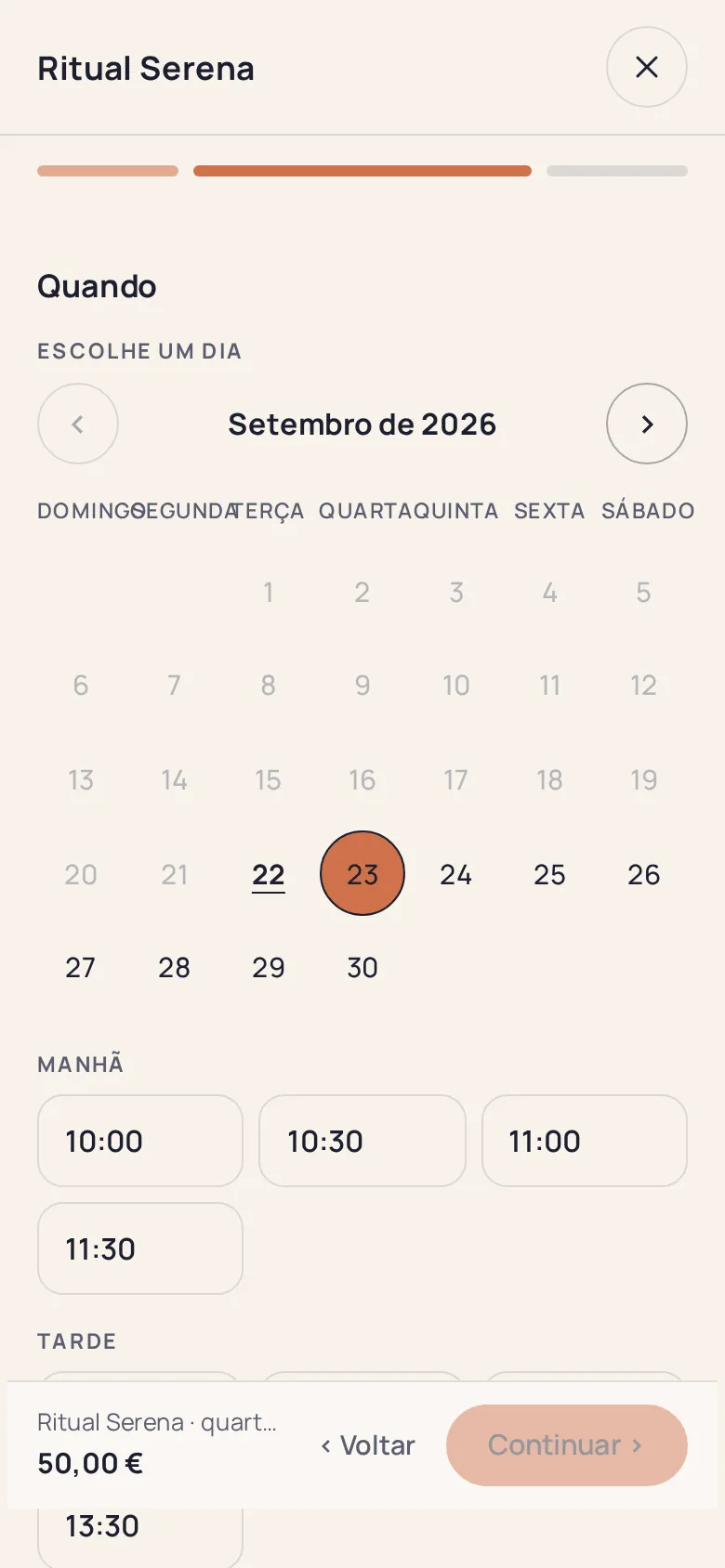 Escolha do dia e da hora: apenas os horários livres são propostos