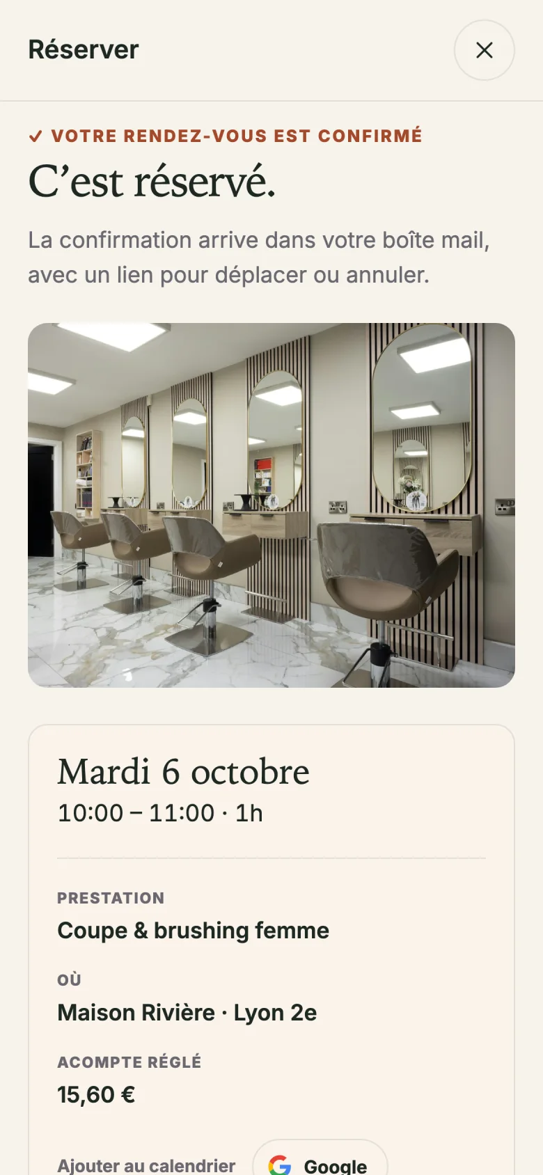 Confirmation : « C'est réservé », mardi 6 octobre, acompte réglé
