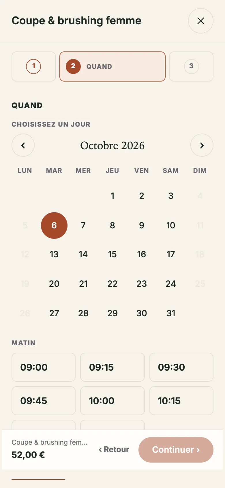 Choix du jour et de l'heure : seuls les créneaux libres sont proposés